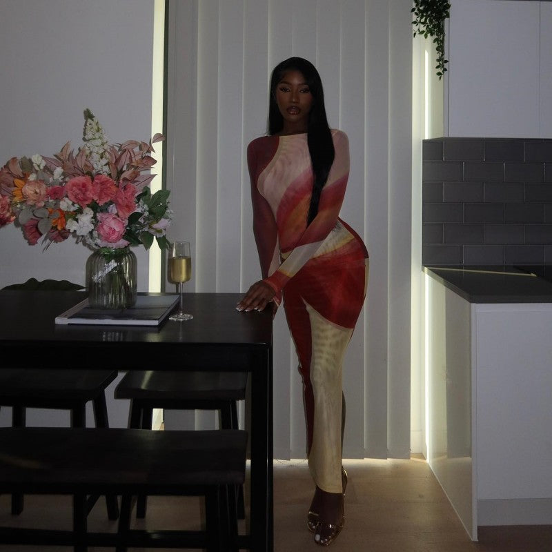 Robe longue ajustée à col rond et manches longues en maille à imprimé floral