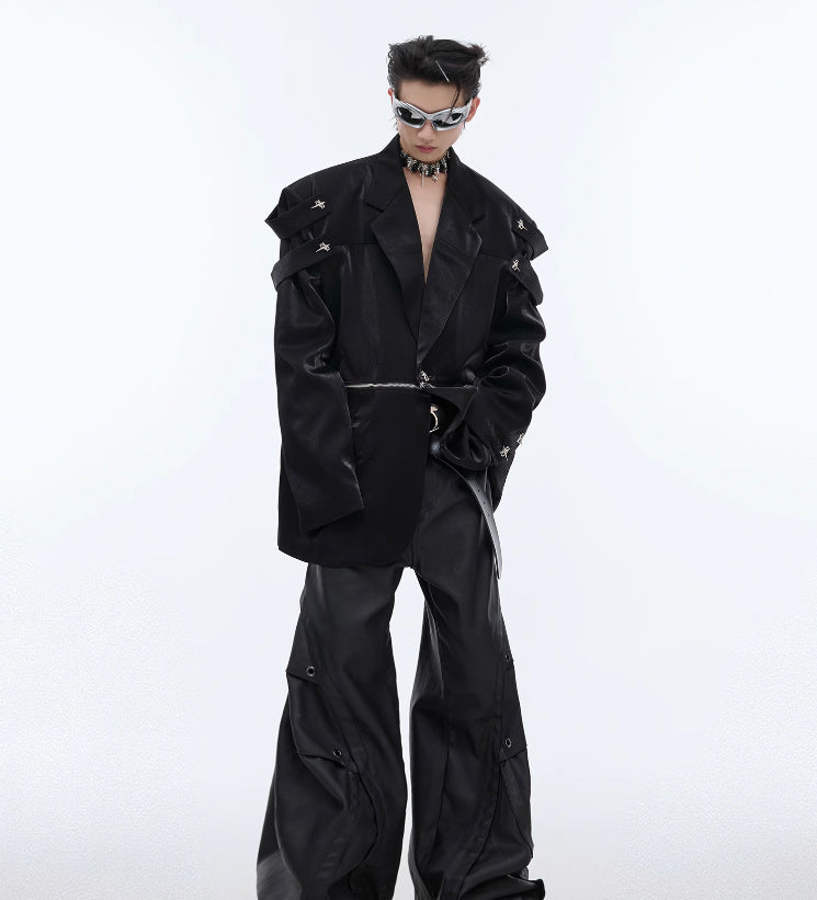 Heavy Niche Liquid Glossy Profile Padded Shoulder Suit Jacket