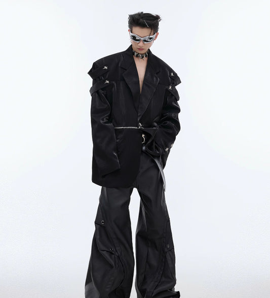 Heavy Niche Liquid Glossy Profile Padded Shoulder Suit Jacket