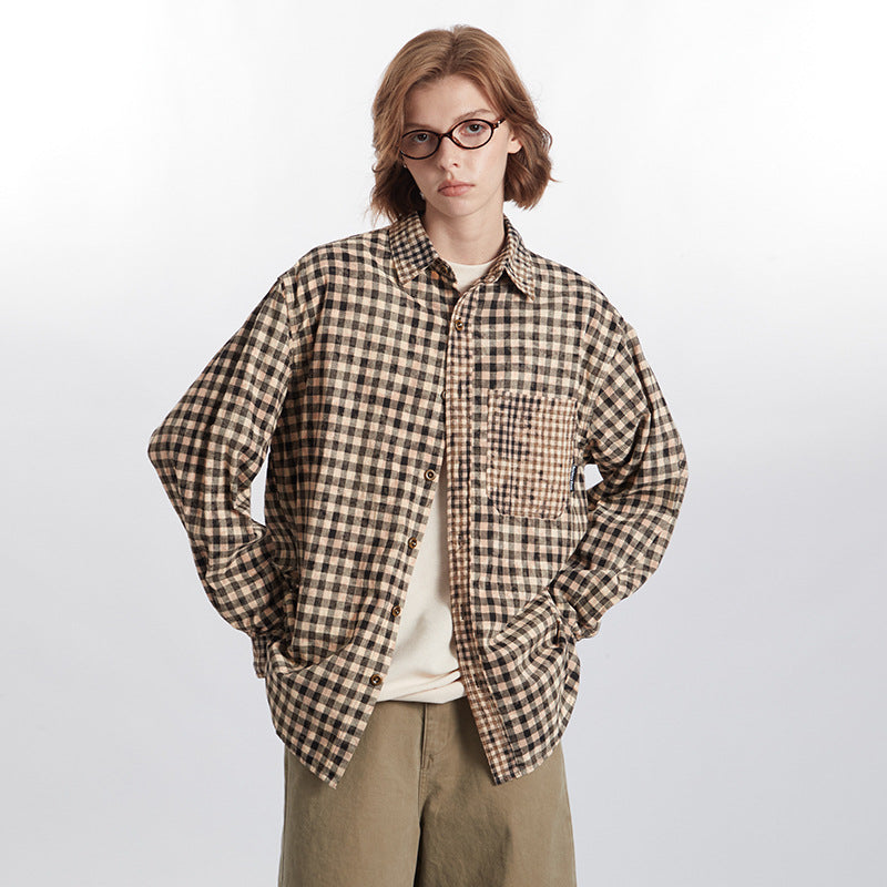 Plaid Pocket Design Contrast Color Shirt Women's Fashionable