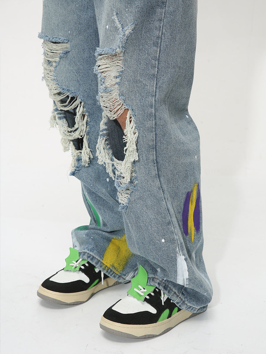 Men's Summer Loose Hole Graffiti Denim Trousers