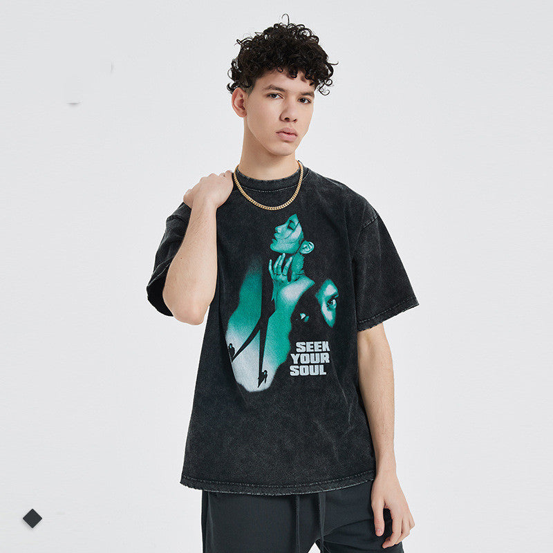 Loose T Shirt Men's European And American Dark Wash And Edging Short Sleeves