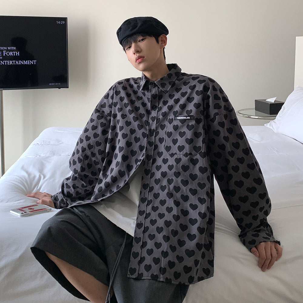 Camicia a maniche lunghe con stampa a cuore, ampia e casual