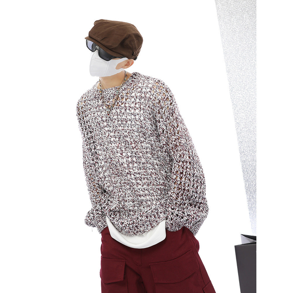 American Show Mixed Color Design Hollow Long Sleeve Sweater