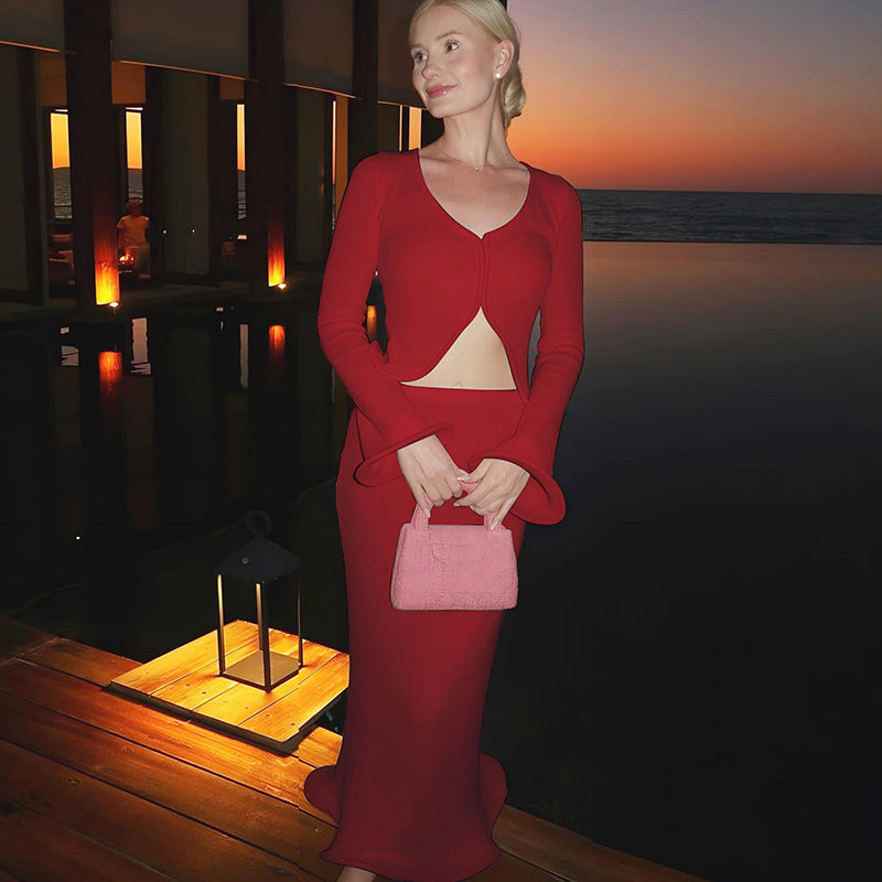 Long Sleeve Cardigan Top Slim Fit Bud Side Package Hip Skirt Suit