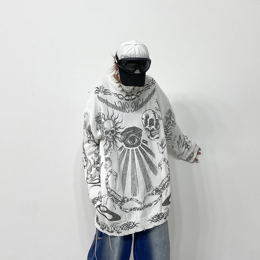 Dark Street Culture Skull Print Knitted Sweater