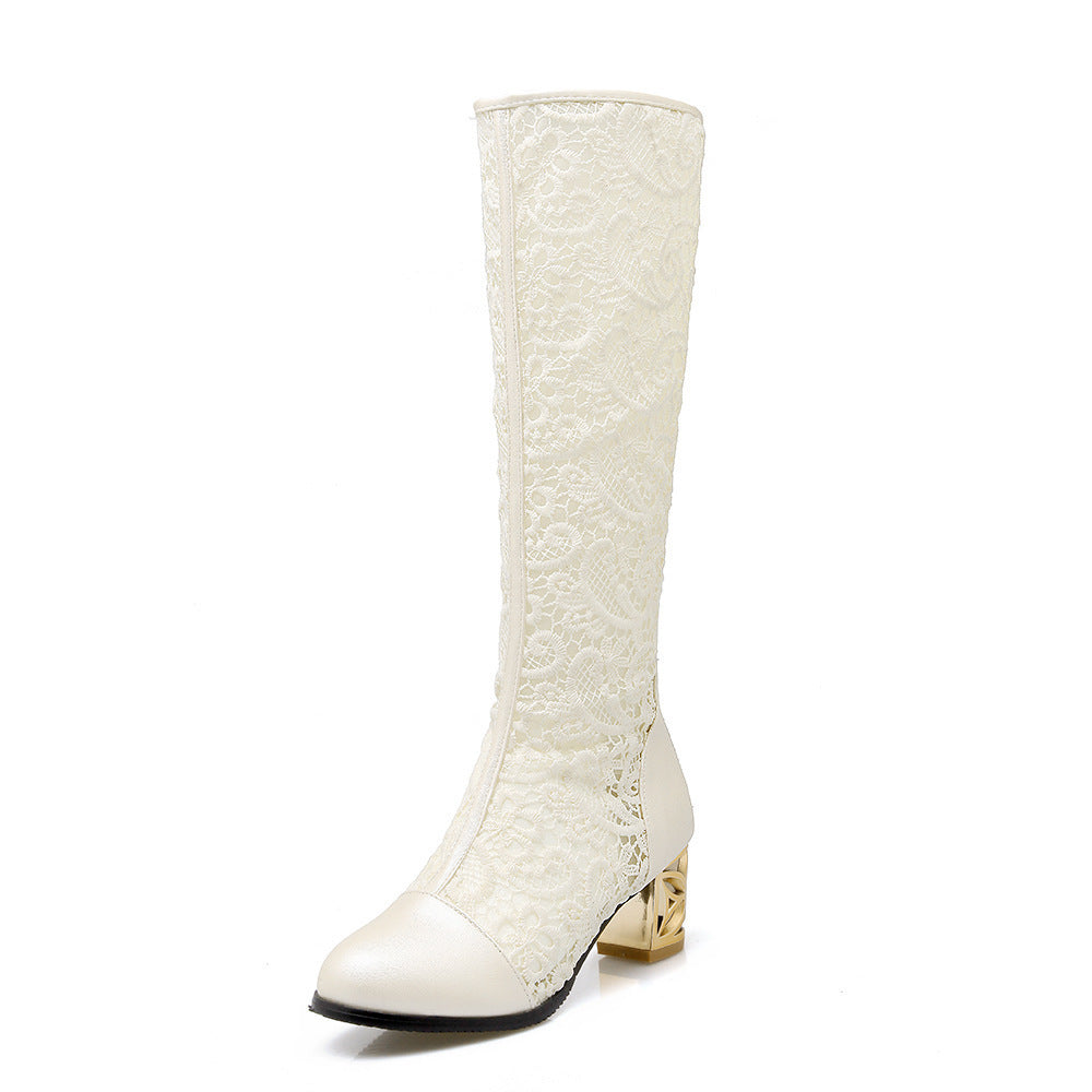 Bottes à bout rond avec coutures en dentelle et fermeture éclair à l'arrière, sandales à talons épais pour femmes