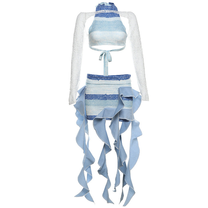 Striped Printing Midriff-baring Long Sleeve Irregular Skirt Suit