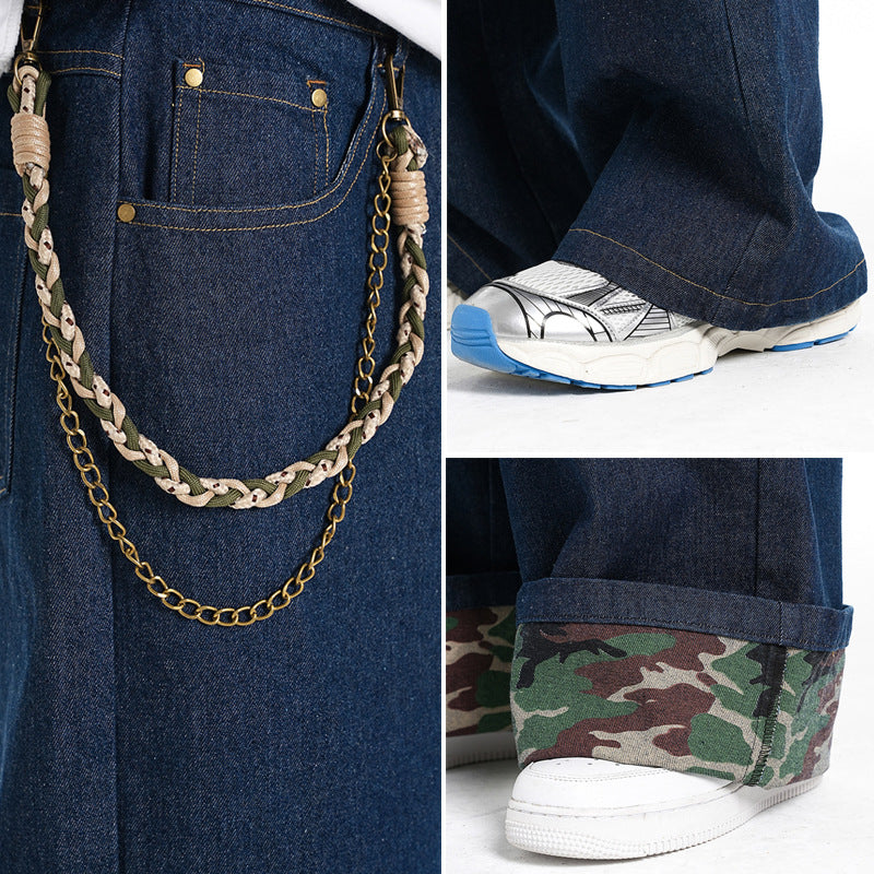 Pantalon à jambes droites pour homme, style tendance, ourlet contrasté