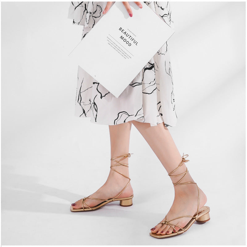 Lace-up Roman sandals chunky heel evening shoes