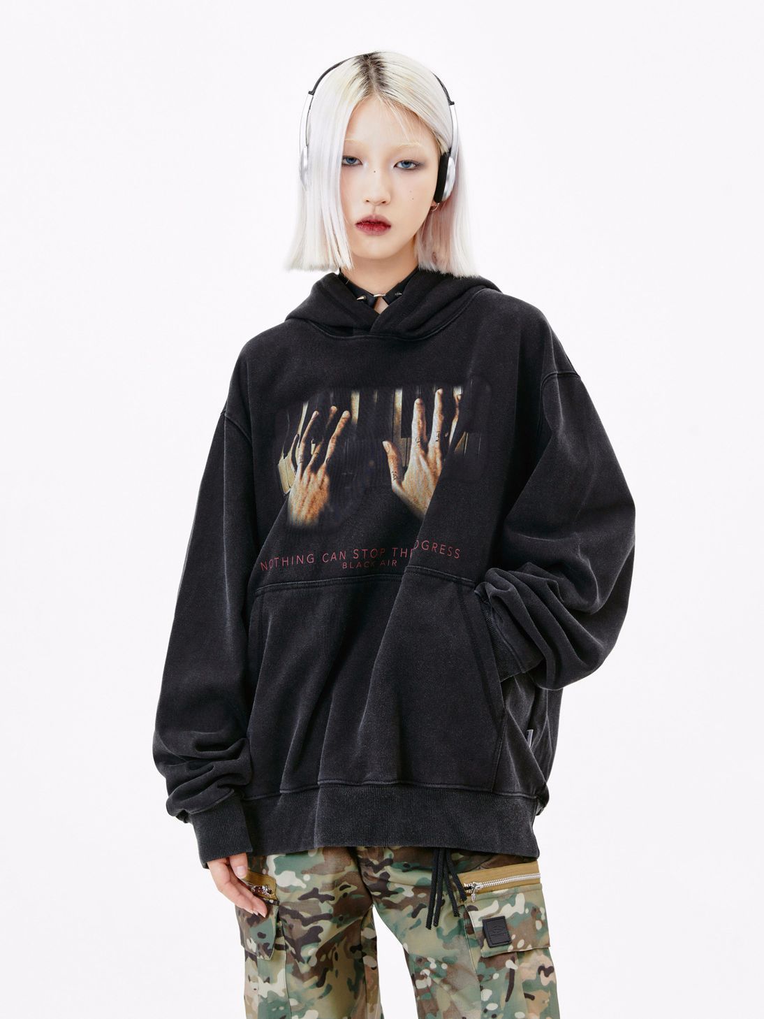 New American Street Piano Hand Print Washed And Worn Hooded Sweater Men