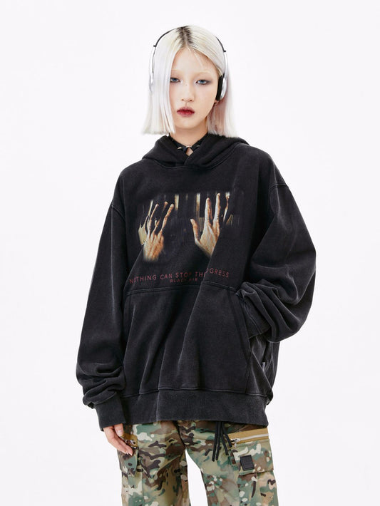 New American Street Piano Hand Print Washed And Worn Hooded Sweater Men