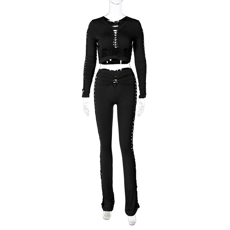 Fashion Round Neck Long Sleeve Top Hollow-out Slim Pants Suit