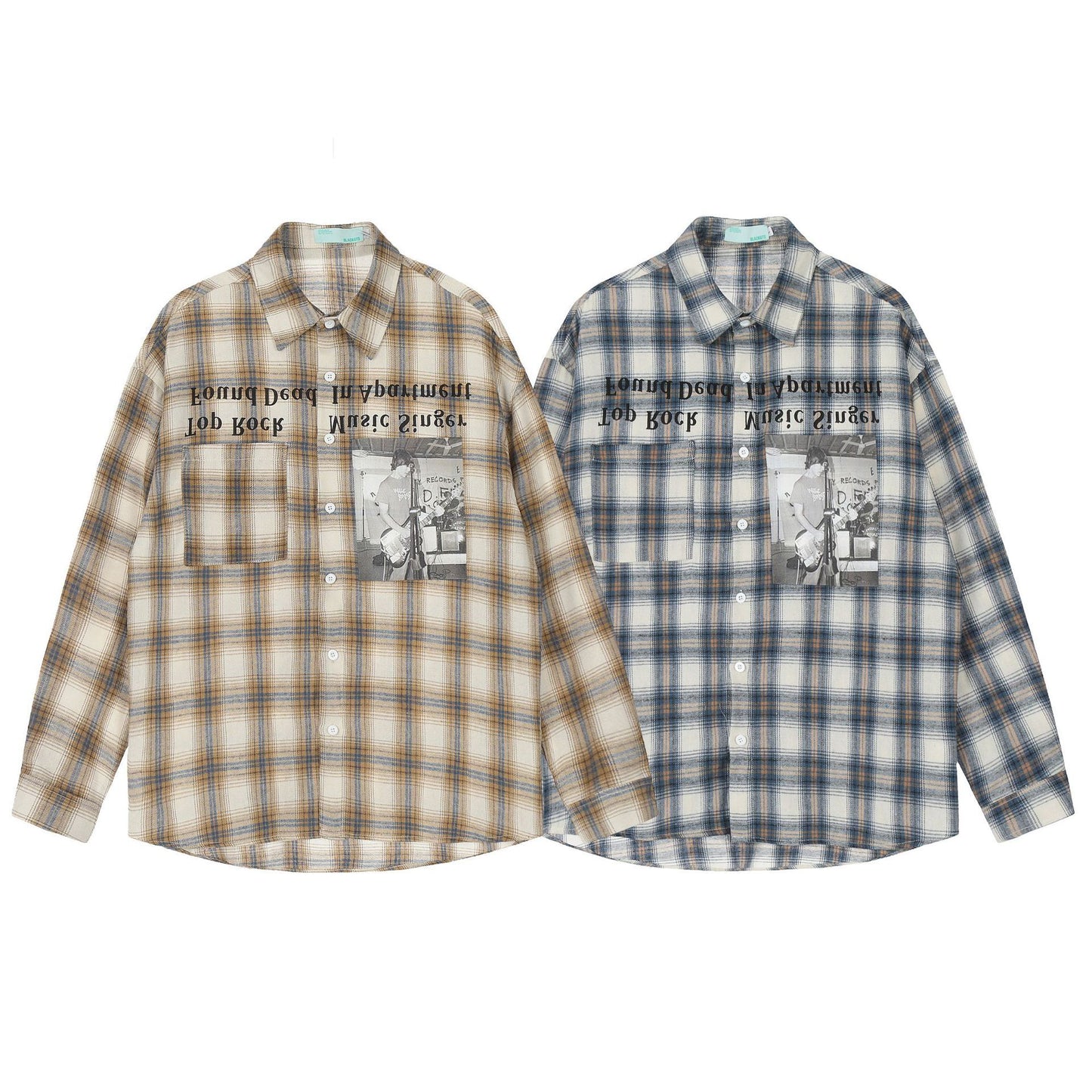 Chemise à carreaux à manches longues et col montant, imprimé lettres de caractère, marque de mode