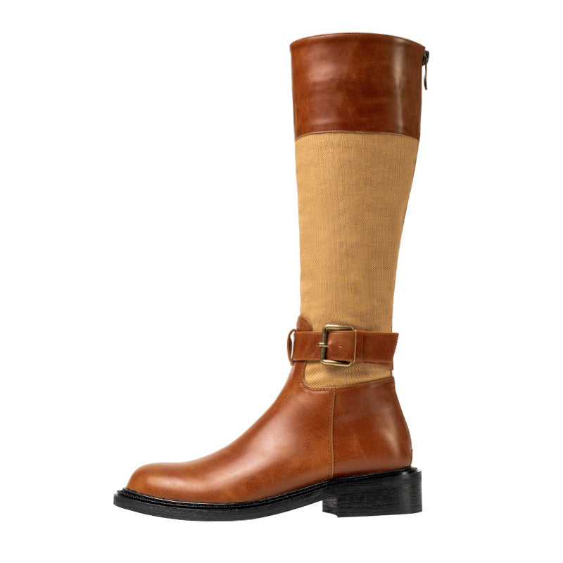 Bottes de chevalier rétro à blocs de couleurs, montantes et assorties, avec fermeture éclair à l'arrière et talon moyen pour femmes