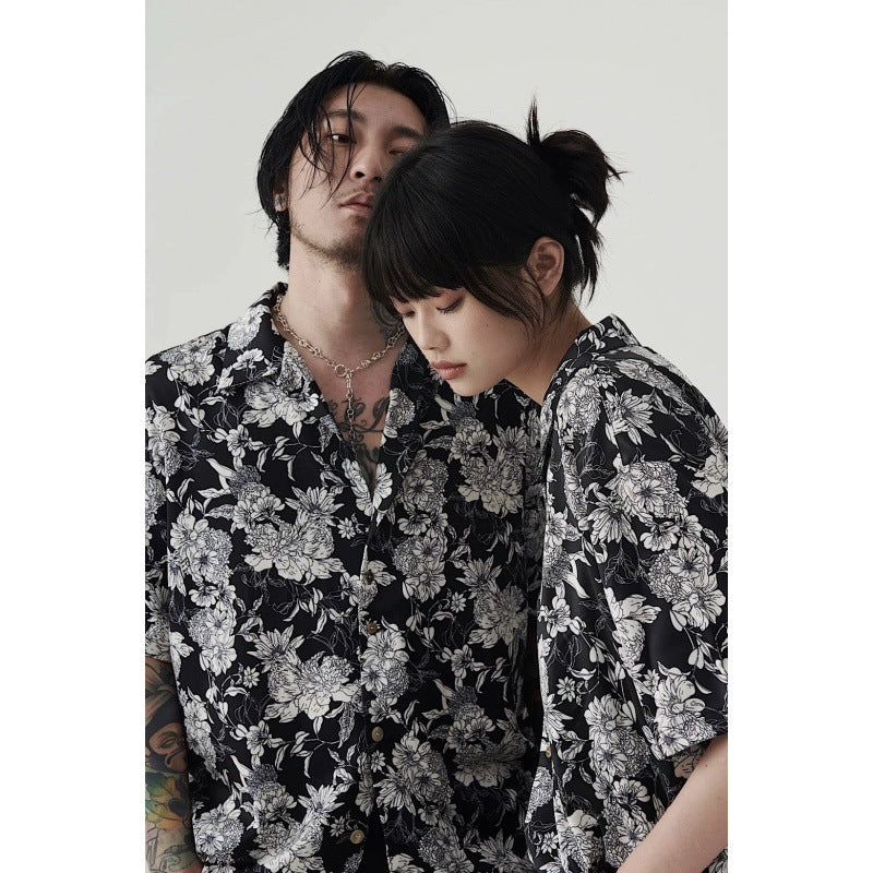 Chemise d'été hawaïenne à manches courtes, motif camélia noir et blanc, nouveau modèle.