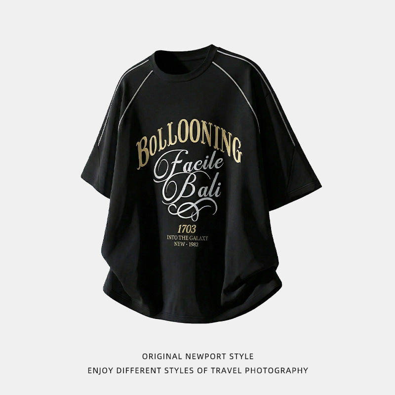Contrast-color Letter-printed Cotton Short-sleeve T-shirt
