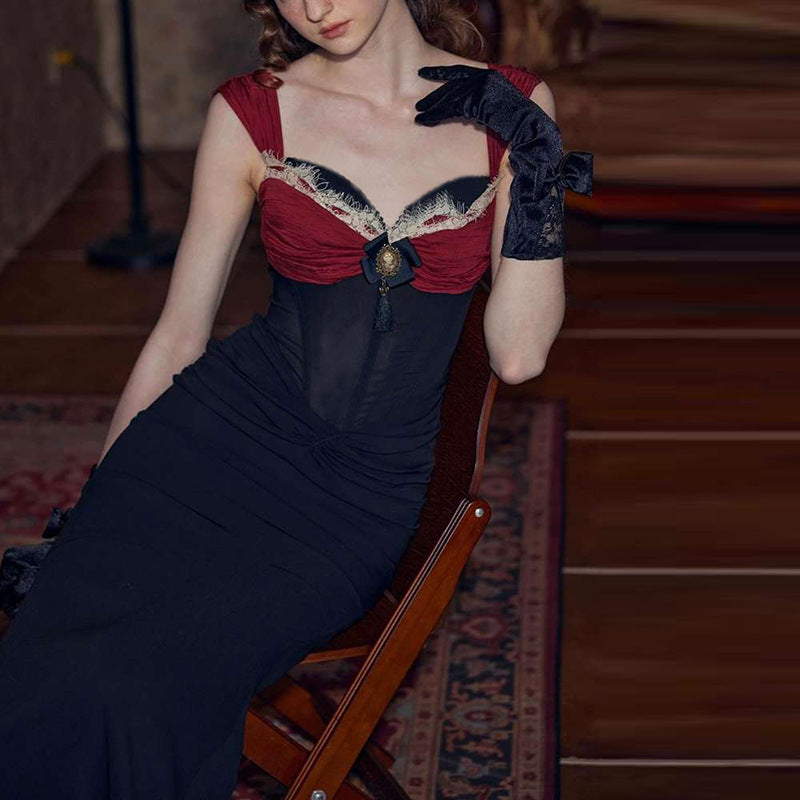 Robe longue rétro à taille serrée et couleur contrastée