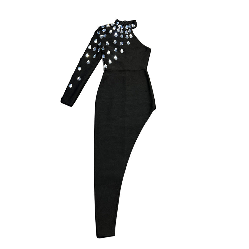 Luxury Slant Shoulder Long Sleeve Slim Fit Set Diamond Bandage One-piece Dress