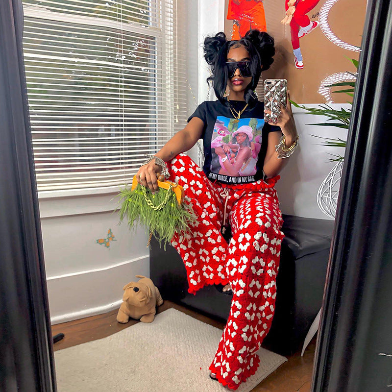 Ins Fashion Personalized Black Head Printed Top Loose Short Sleeve