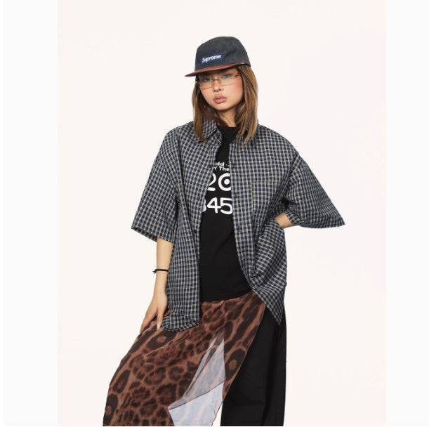 Chemise à carreaux décontractée à manches courtes style rétro américain basique