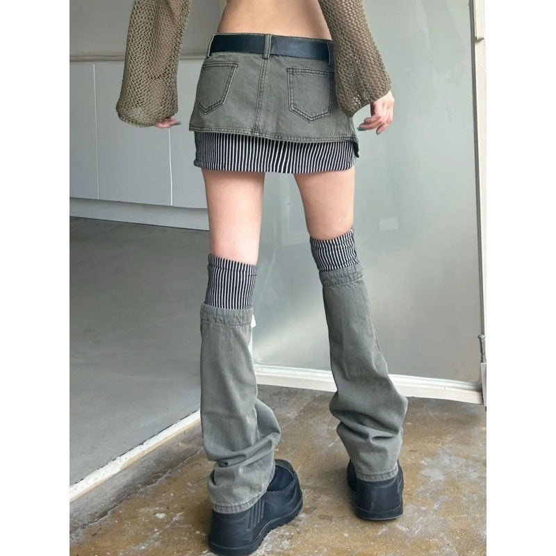 American-style Retro Plus Size Striped Stitching Denim Suit Skirt