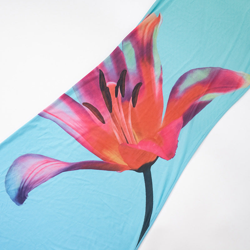 Robe longue à volants en maille imprimée à manches longues pour femme