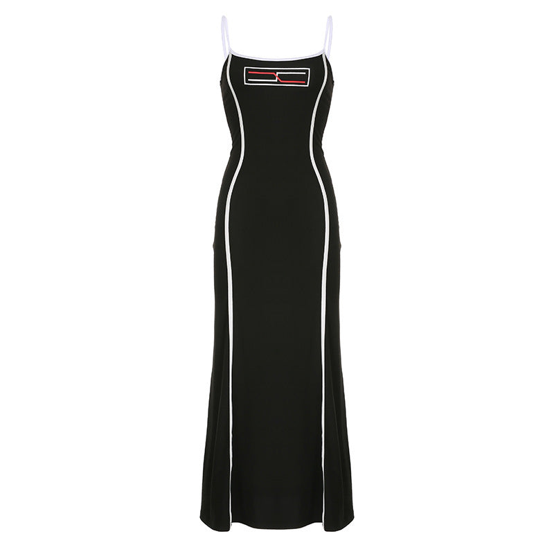 Striped Color Contrast Patchwork Letter Printed Tight Locomotive Long Dress