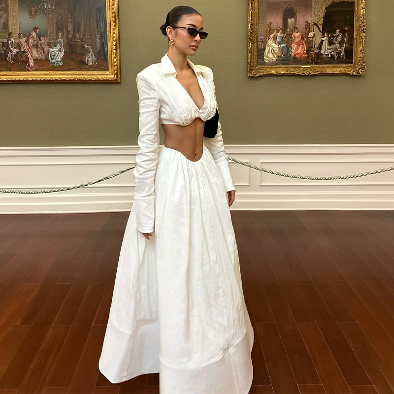 Solid-color Long-sleeve Backless Top And Bodycon Maxi Skirt Set