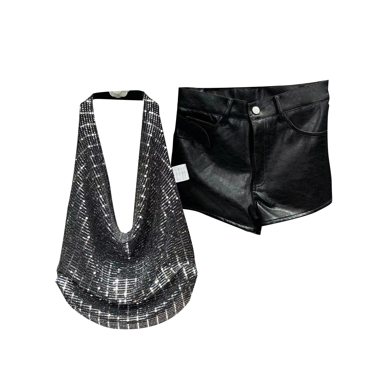 Ensemble pour femme : débardeur dos nu et short en PU brillant