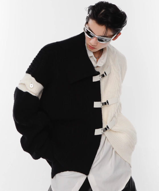 Deconstructing Sweater Loose Black And White Stitching Design Cardigan Metal Button Knitted Coat