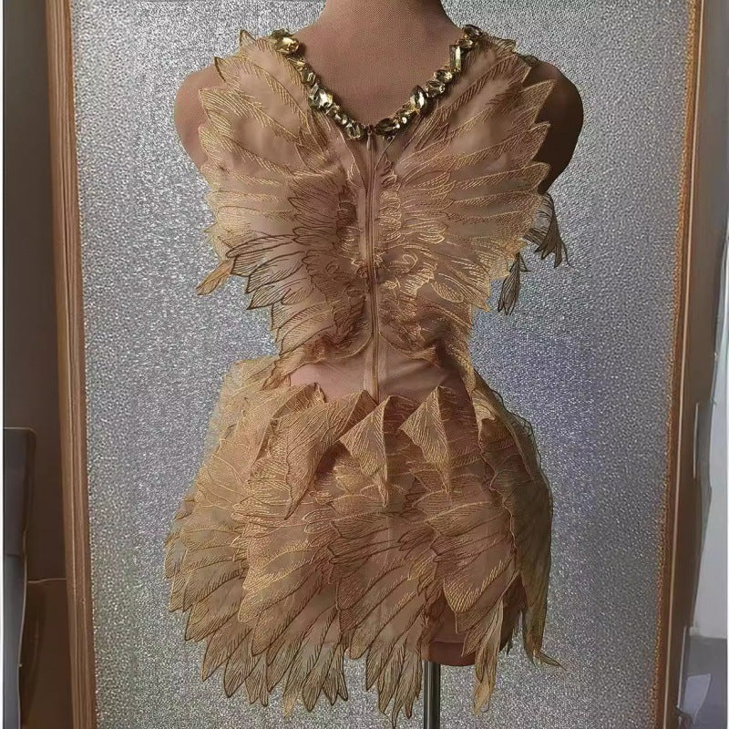 Champagne Gold Rhinestone Halter Sleeveless Wings Blade Short Footwear