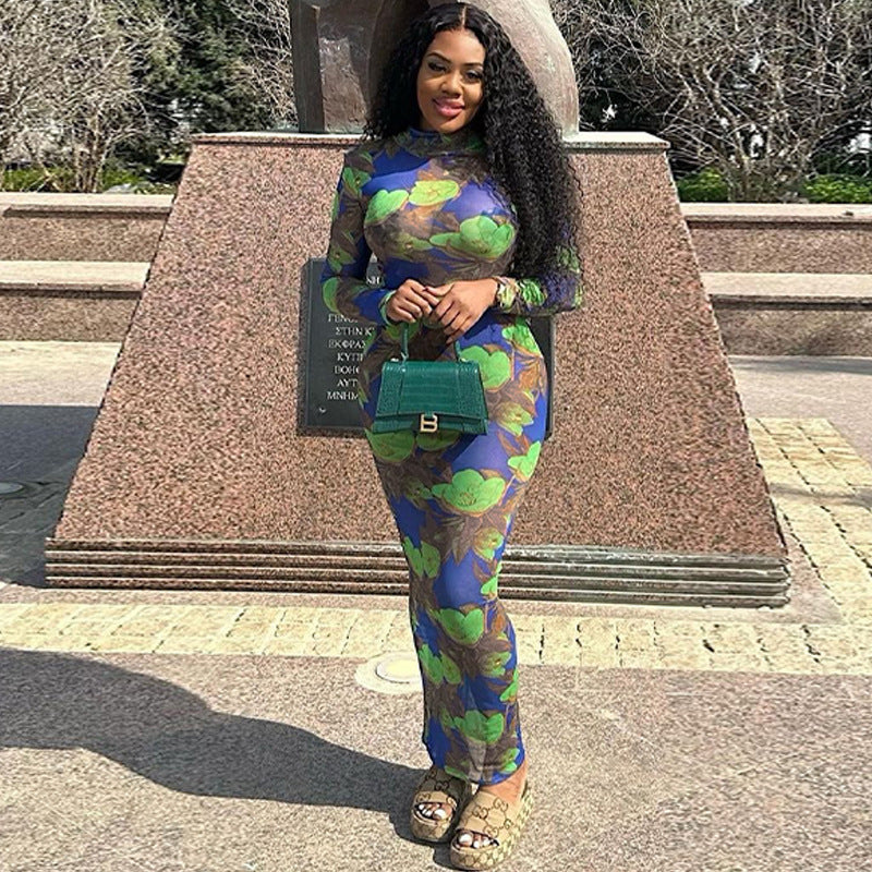 Nouvelle robe à manches longues en maille à imprimé floral