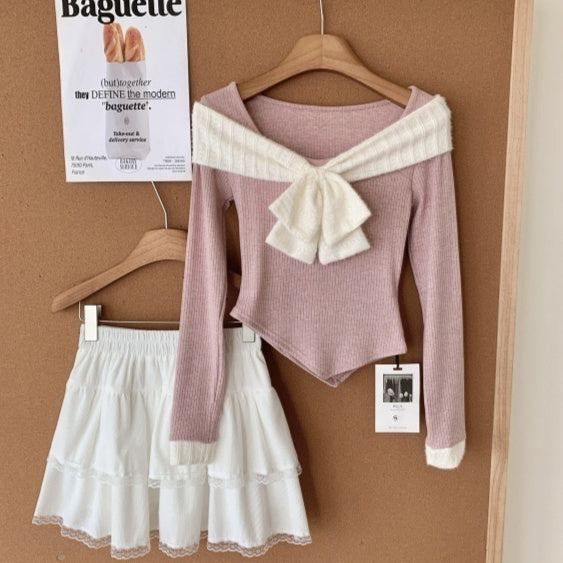 Small Sized Wear A Set Of Fall Slim Fit Slimming Bow Top Female High Waist Tiered Dress