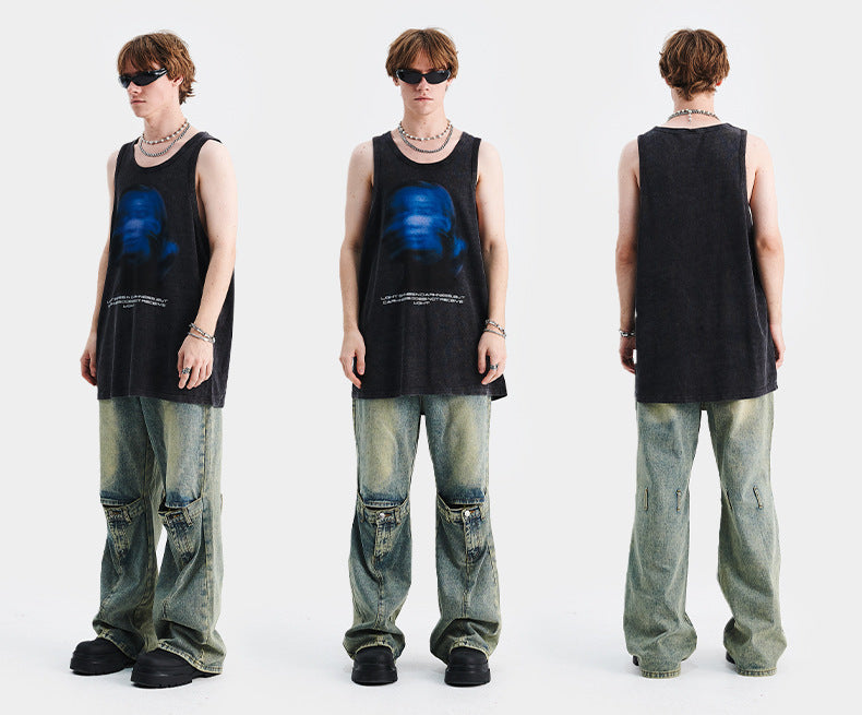 Gilet délavé à imprimé vintage pour homme, aspect usé et flou