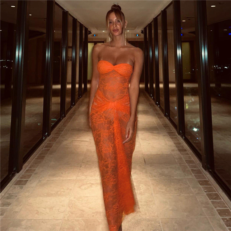 Robe fourreau transparente en dentelle à la mode, couleur unie