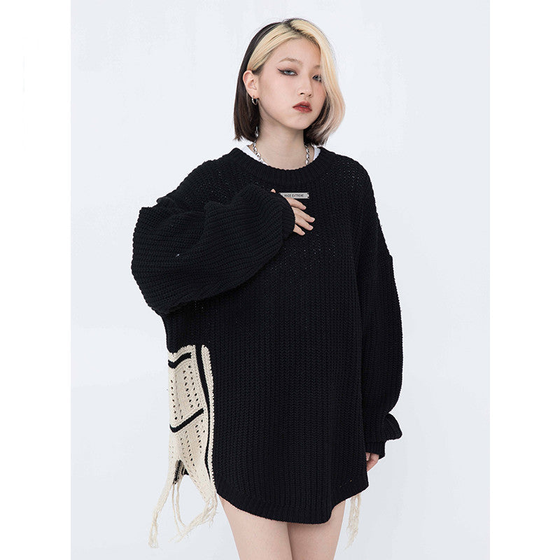 Ins Trend Stitching Tassel Loose Sweater Men