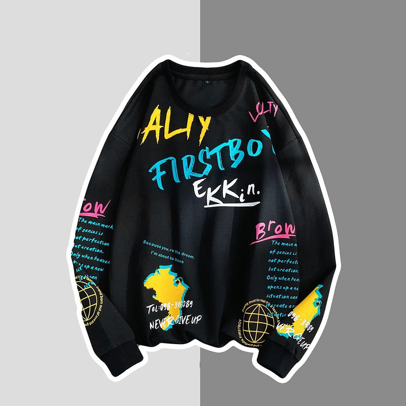 Style Graffiti Printed Round Collar Sweater