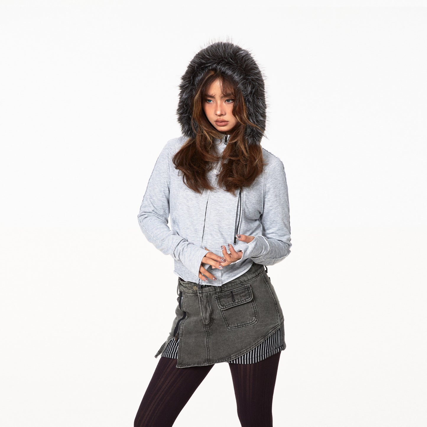 Hooded Cardigan Fur Collar Sweater Zipper Pocket Short Coat