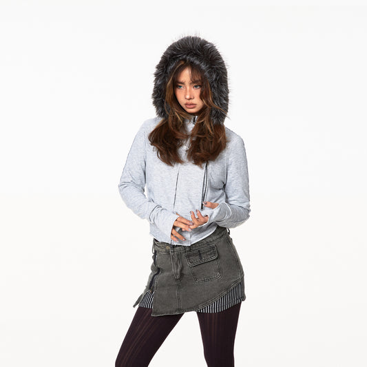 Gilet à capuche, col en fourrure, pull, poche zippée, manteau court