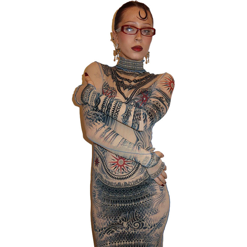 Fashion High Collar Digital Printed Mesh Dress