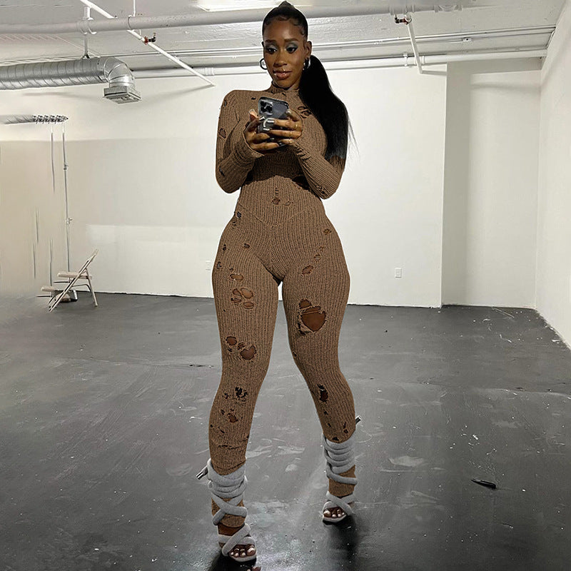 Solid Color Casual Long Sleeves Wool Lace-up Ripped Slim Fit Long Conjoined Trousers