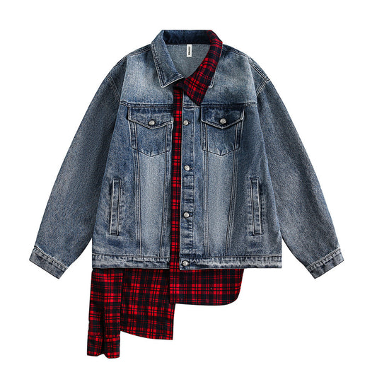 Giacca in denim a due pezzi con cuciture irregolari a quadri