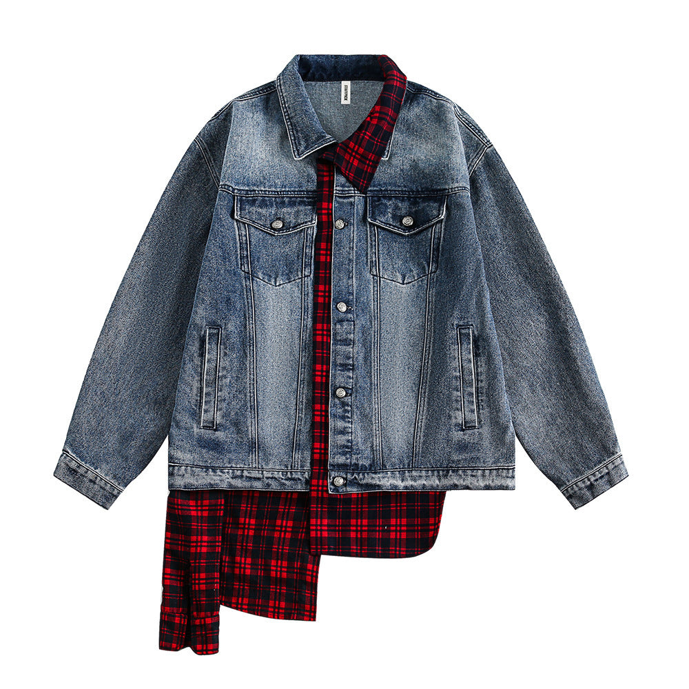 Giacca in denim a due pezzi con cuciture irregolari a quadri