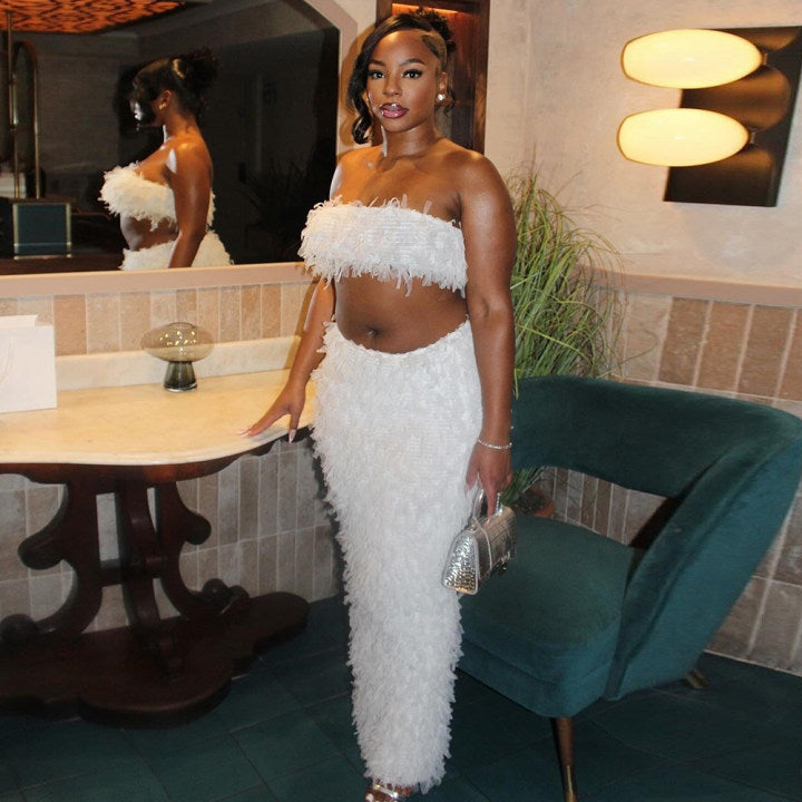 Ensemble jupe-robe transparent européen et américain en maille dos nu avec enveloppement de poitrine