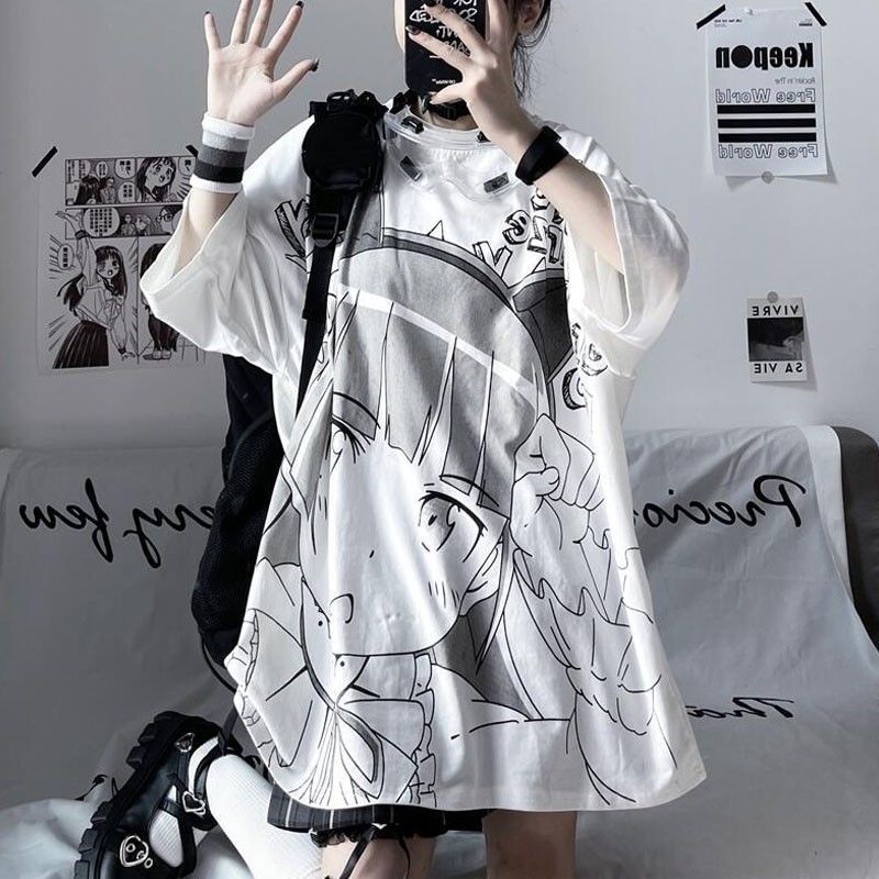 Anime Print Loose White Short Sleeve Top