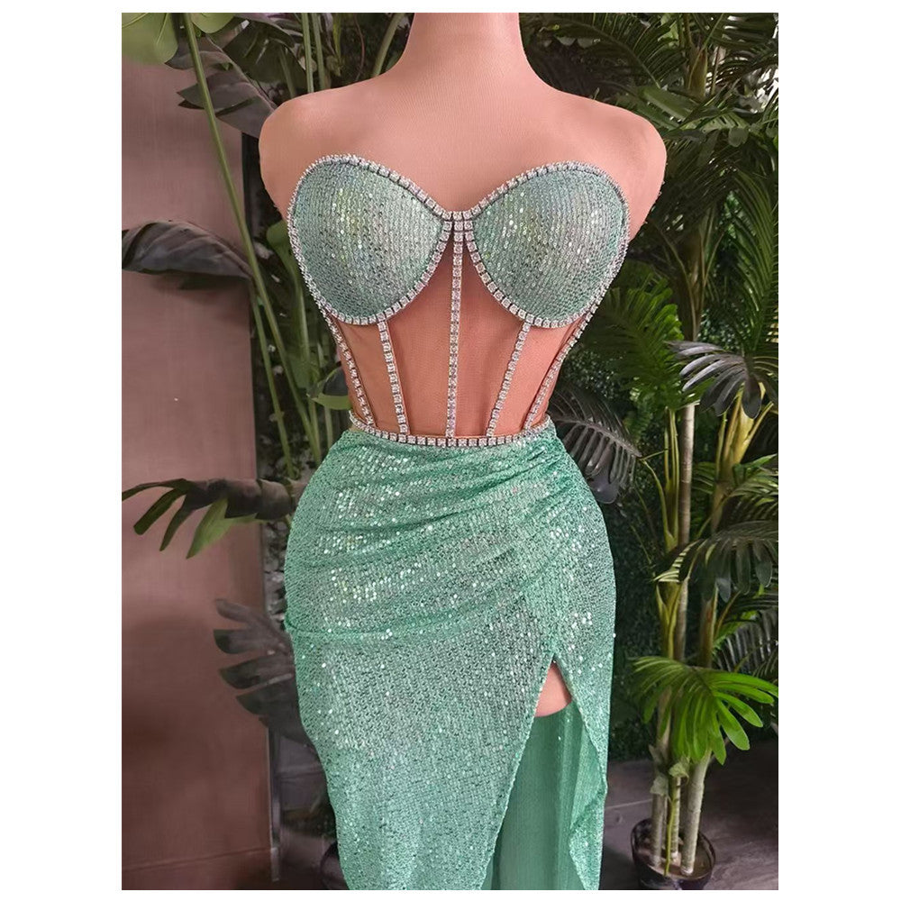 Casual All-match Shiny Rhinestone Sequins Top Dress Suit