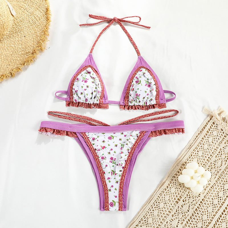 Strapping Printed Split Swimsuit