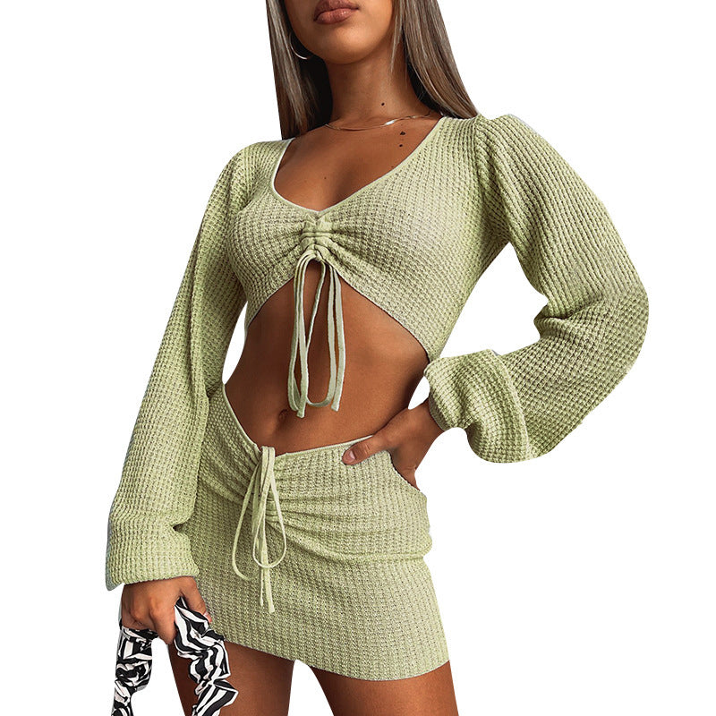 Long Sleeve V-neck Drawstring Skirt Suit Sexy Slim Fit