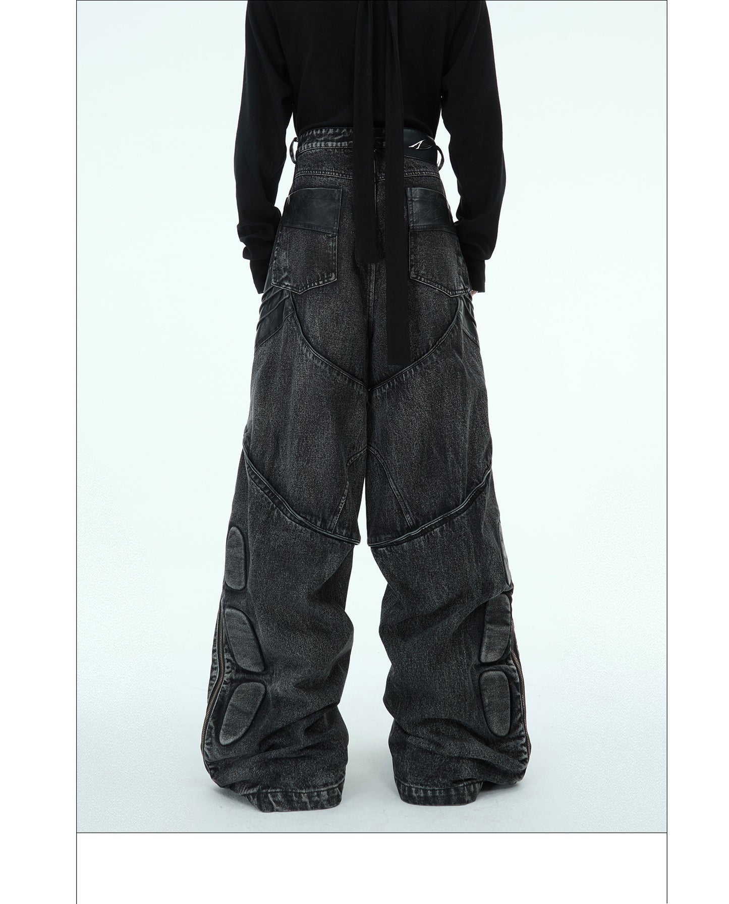 Jean Armor noir délavé et déstructuré, pantalon avec coutures en cuir PU